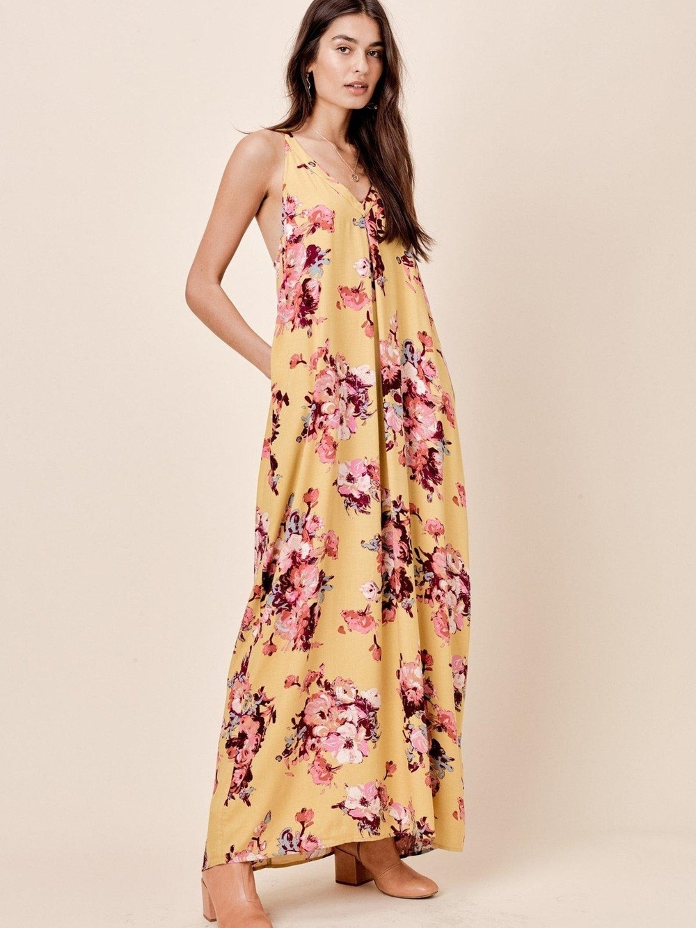 The Impeccable Pig Yellow Maxi Dress with Pink Floral Pattern